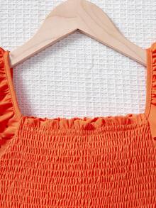 SHEIN Tween Girls Solid Color Hollow Long Vacation Casual Dress - Burnt Orange - View 5