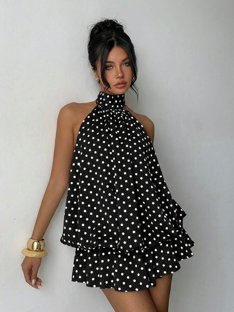Aloruh Women's Elegant Polka Dot Print Halter Backless Mini Dress