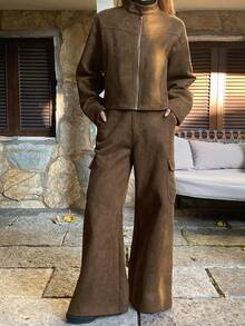 DAZY Ensemble 2 pièces veste vintage et pantalon cargo pour femmes, ensemble de tenues de détente pour l'automne