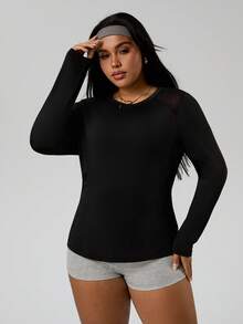 Rhythm Era 大码纯色网眼拼接圆领修身长袖运动T恤