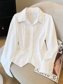 INAWLY Women's White Front Button Down Dropped Shoulder Long Sleeve Casual Blouse - White - View 5