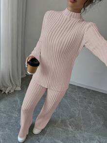 SHEIN PETITE 女款灰粉色秋季兩件式針織毛衣套裝，休閒居家優雅專業辦公通勤穿搭，百搭斯德哥爾摩風外出上衣，適合嬌小女性 - 淺粉色 - 查看 4