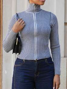 Yess Loren Ribbed High Neck Zip Up Cardigan Spring Casual Y2k 90's Stripe Cute Airport Holiday Summer Vacation Fall Back To School Autumn Winter Everyday Christmas Work Office