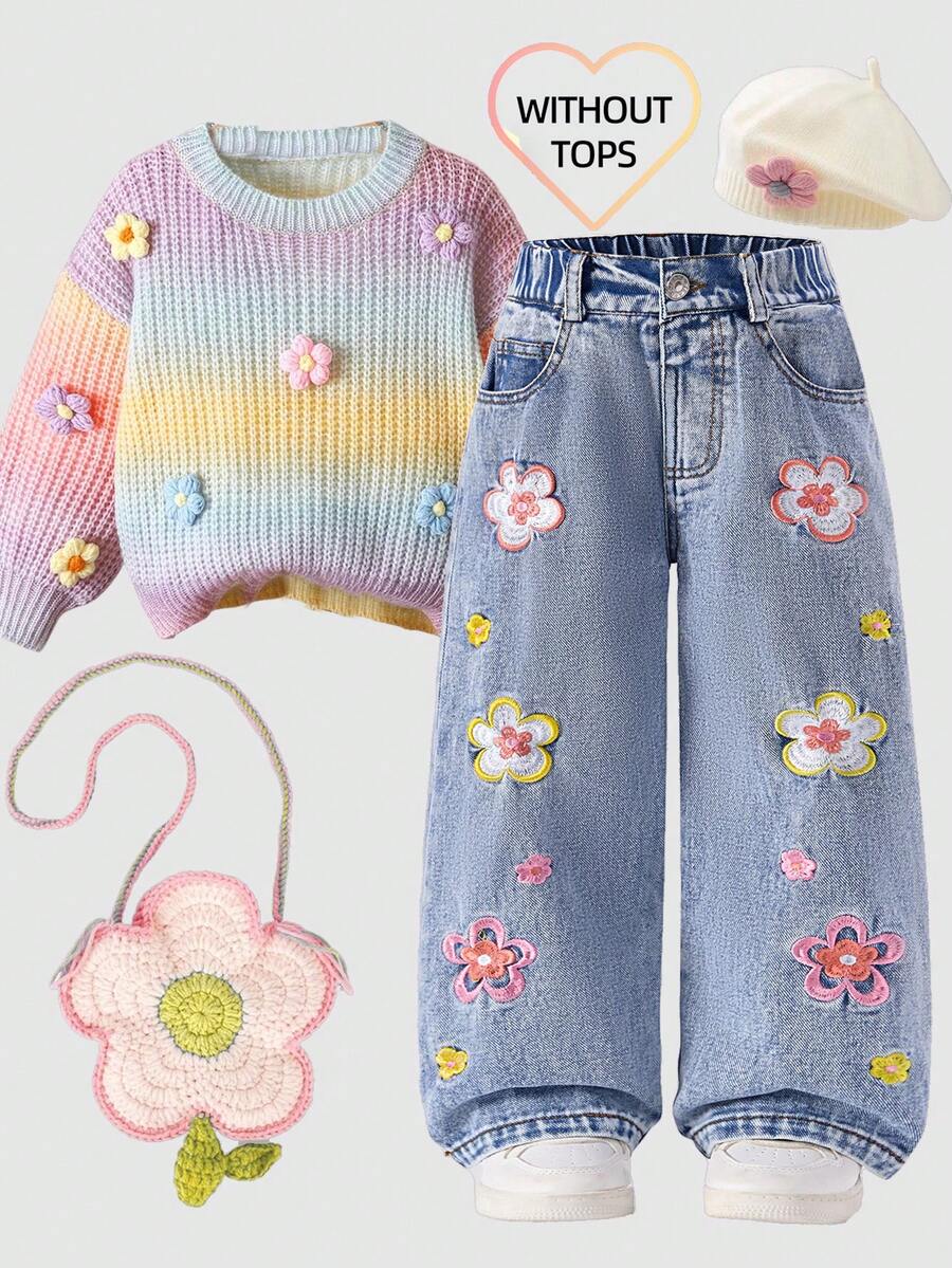 SHEIN ChillGRL 年轻女孩时尚水洗花卉刺绣阔腿牛仔裤 - 藍色 - 查看 1