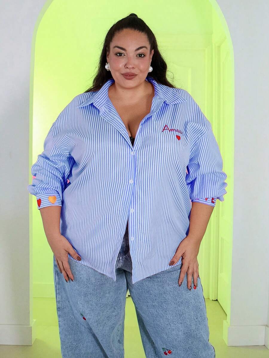 Pretty and Ole 大码女式法式条纹印花和刺绣心形衬衫 - 藍色 - 查看 1
