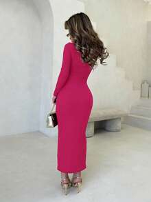 Jemour Autumn Wear Solid Color Square Neck Tight Black Long-Sleeved Dress - Hot Pink - View 2