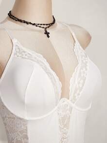 SHEIN ICON 大码 Y2K 春季狂欢节蕾丝拼接紧身吊带露脐上衣高腰露背连体衣女装 - 白色 - 查看 4