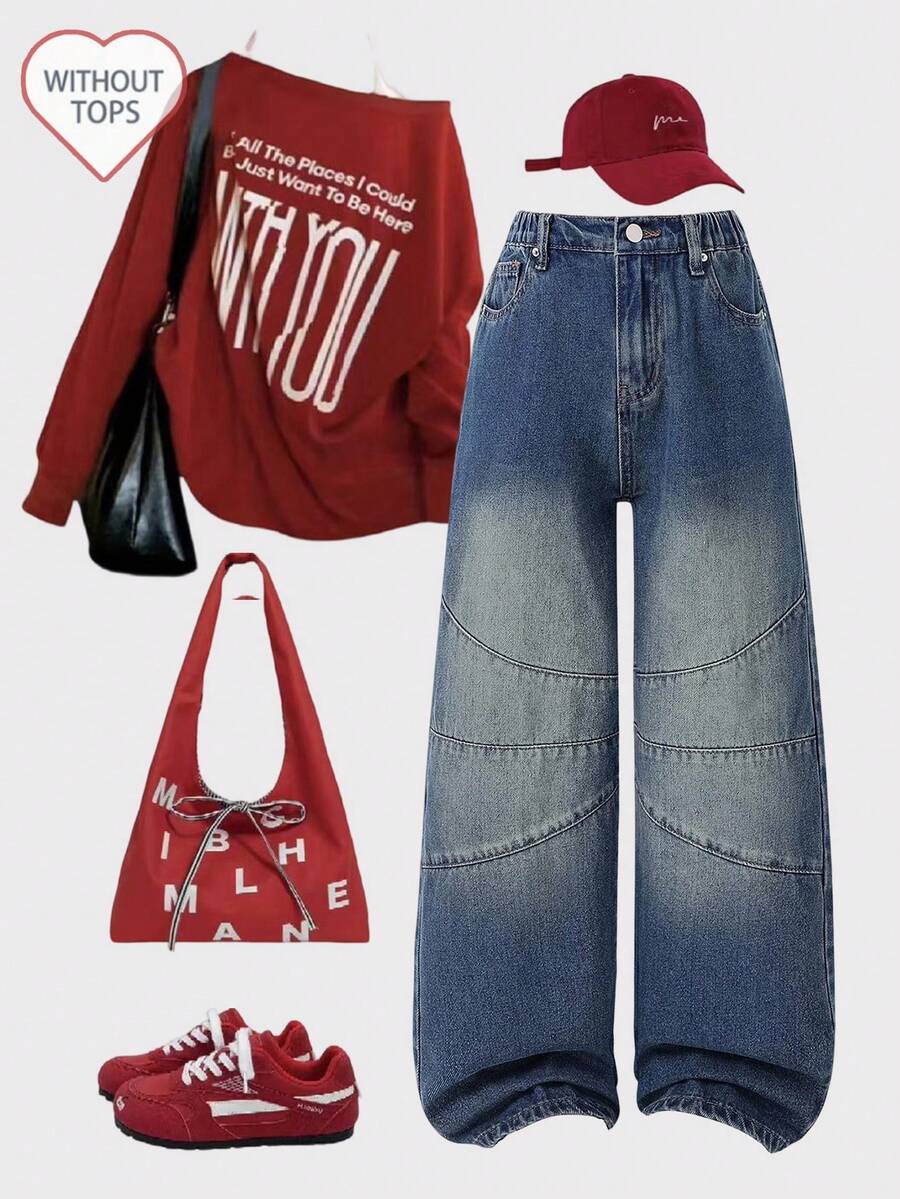 SHEIN Jeans pour préadolescentes Y2K, jeans en denim délavé à taille haute, coupe droite décontractée, inspiration vintage, esthétique rétro avec une ambiance décontractée, convient pour la rentrée scolaire, le streetwear, la tenue de tous les jours, automne/hiver