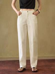 MOTF STUDIO SOLID SLANT POCKET SEAM FRONT STRAIGHT LEG JEANS WITHOUT CHAIN BELT , FALL WINTER - Beige - View 6