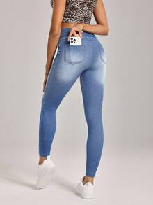 SHEIN Tall Women's Casual Washed High Waist Slim Fit Jeans - Light Wash - View 2