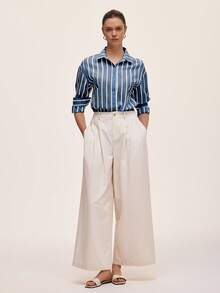 Almamuse Áo sơ mi sọc xanh trắng dành cho nữ, thoải mái khi đi làm và mặc thường ngày, mùa xuân/hè - Màu xanh lam - Xem 6