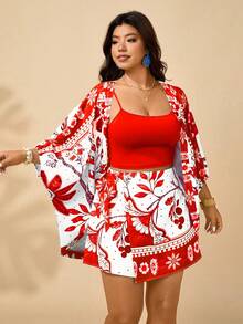 SHEIN Clasi 大码女装夏季畅销款中式彩色花卉复古印花长袖开衫，搭配蓝色针织抹胸上衣和松紧腰宽松短裤，春夏休闲两件套 - 彩色 - 查看 3