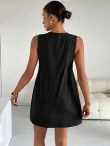Siren Gaze 女式休闲褶皱无袖迷你连衣裙 - 黑色 - 查看 2