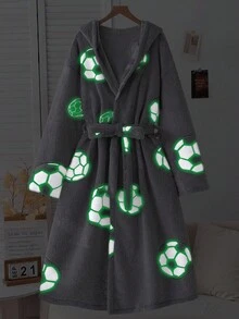 Men's Gray Base New Simple Fashion Casual Football Fleece Print Long Sleeve Long Hooded Belted Robe, Fall Winter, Fluffy, Cozy - Grey - View 3