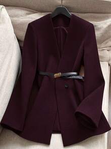 Franclia 女士优雅V领修身大衣，秋冬款 - 酒紅色 - 查看 1