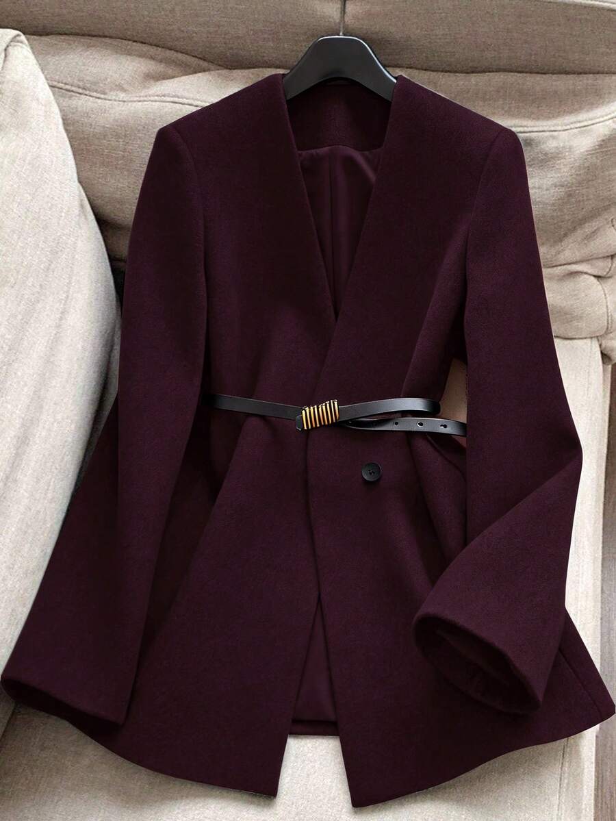 Franclia 女士优雅V领修身大衣，秋冬款 - 酒紅色 - 查看 1