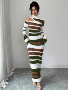 SHEIN Elenzya Váy len dệt kim ôm eo cổ lọ sọc nhiều màu thanh lịch, giản dị dành cho nữ, thích hợp để đi làm, mùa thu/đông - màu nâu - Xem 3