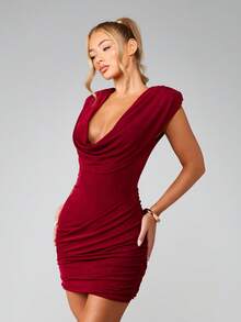 MISSGUIDED Burgundy Cowl Neck Sleeveless Ruched Mini Dress With Padded Shoulders For Evening Party Events - Burgundy - View 5