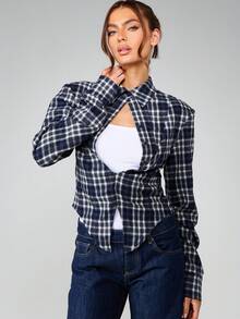MISSGUIDED Front Twist Detail Long Sleeve Flannel Shirt With Chest Cutout Design - Multicolor - View 5