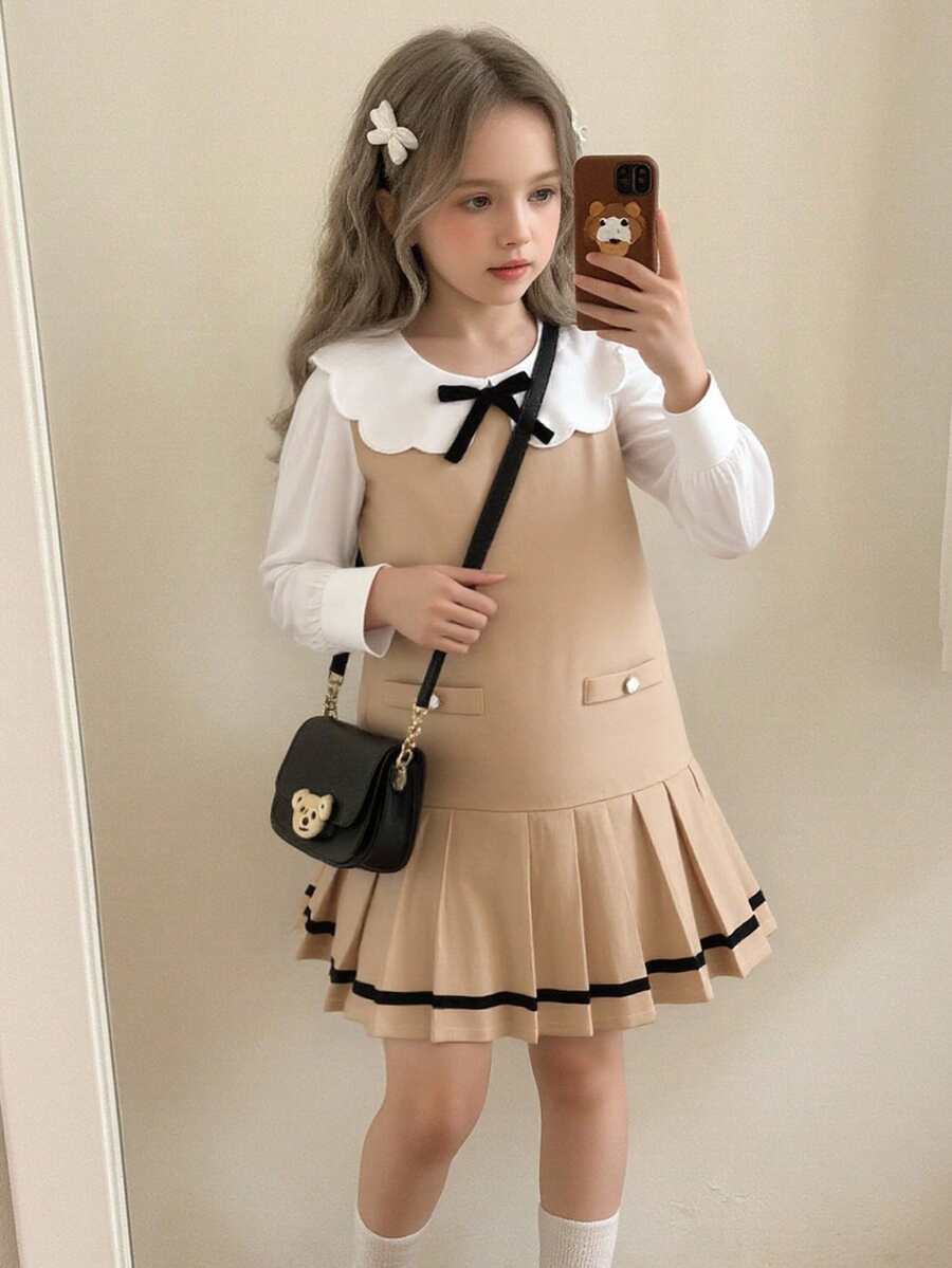 Elladie kids 1件女童秋季新款波浪领拼接下摆褶裥直筒连衣裙，优雅蝴蝶结装饰，百搭公主风 - 卡其色 - 查看 1
