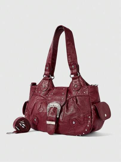 Fairycore Fashionable Rivet Decor Shoulder PU Leather Handbag, Stylish For Commute