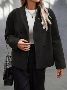 Easura Plus Size European And American New Arrival Solid Color Vintage Double-Breasted Overcoat, V-Neck Commuter Women's Clothing, Overcoat Winter Fall Autumn Brown Jacket Cropped Jacket