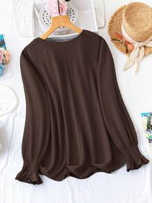 Plus Size Casual Solid Color Long Sleeve Shirt, Autumn Fall - Brown - View 2