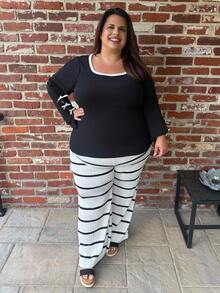 Enliva Camiseta de Manga Longa Ajustada Plus Size Feminina, Detalhes de Contraste Aparados, Roupas com Laço Decorativo para Mulheres, Inverno, CURVE PLUS