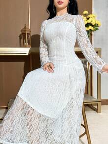 Feyla Women's Elegant Lace Patchwork Round Neck Fitted Mid-Length Long Sleeve Dress - White - View 6