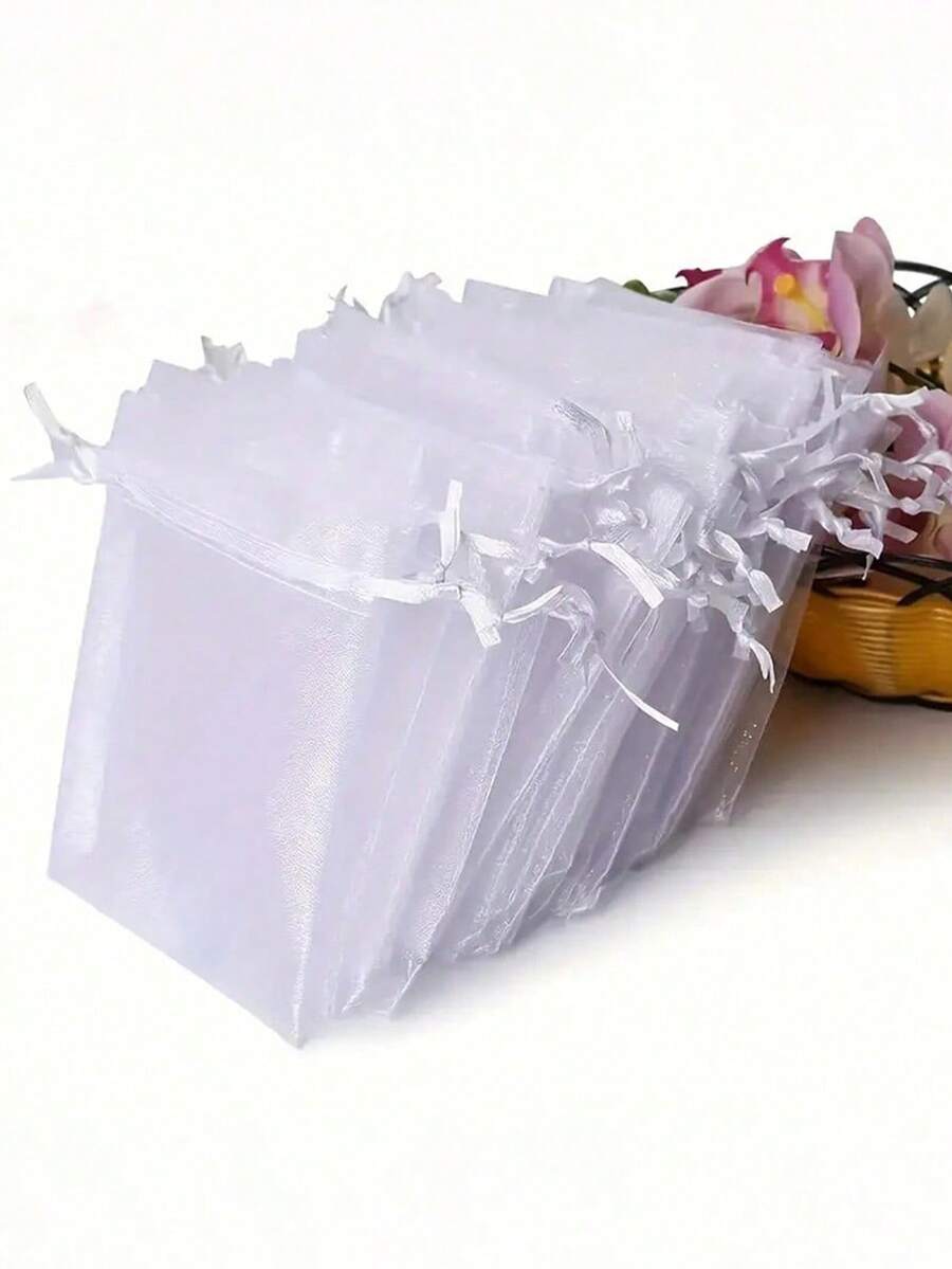 10/20/30/50个装纯色欧根纱抽绳糖果礼品袋、化妆品包装袋、珠宝收纳袋，防晒旅行保暖 - 白色 - 查看 1