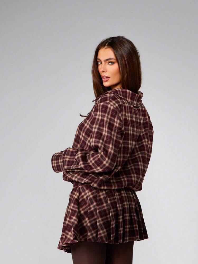 MISSGUIDED チェック柄 ハーフジップ プルオーバー 長袖ブラウス 秋冬 襟付きシャツ