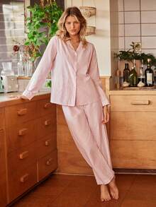 Lullawish Women's Comfortable Striped Button Lounge Set, Casual Homewear, Winter Clothes - Coral Pink - View 3