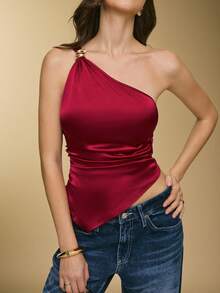 Poéselle 女士Y2K红色无袖褶皱不对称下摆修身时尚上衣，红色上衣，新年，优雅女士上衣，圣诞派对，派对，优雅派对，适合日常穿着，派对，外出，通勤，秋冬季 - 酒紅色 - 查看 5