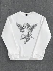 Manfinity ZONE917 Men's Loose Street Angel Blurry Pattern White Pullover Pullover Sweatshirt Angel Sweatshirt - White - View 1