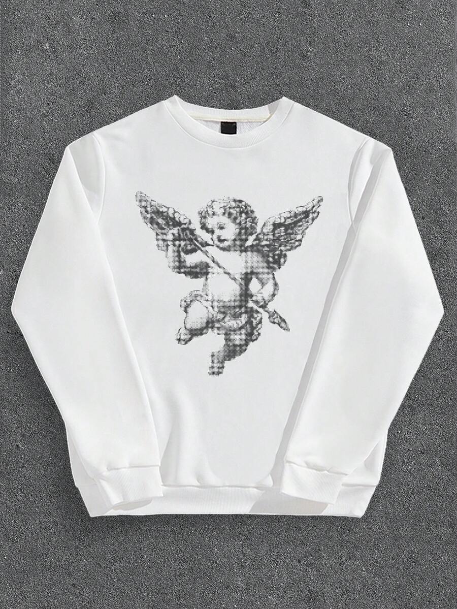 Manfinity ZONE917 Men's Loose Street Angel Blurry Pattern White Pullover Pullover Sweatshirt Angel Sweatshirt - White - View 1