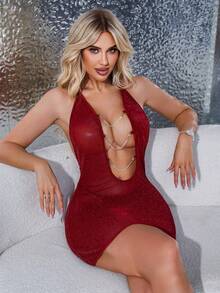 2pcs Women's Sexy Nightgown Set (Wireless, Thong) - Burgundy - View 3