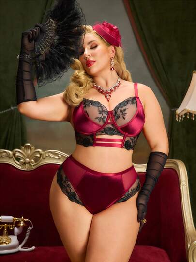 PinupPomp Wine Red Plus Size Women's Lingerie Set, Black Rose Lace Embroidery Vintage Elegant Romantic Palace Style, Suitable For Holidays And Festivals