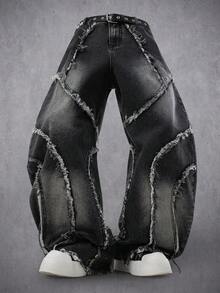 Manfinity Denimwave Retro American Distressed Patchwork Flared Jeans, Unisex Emo Jeans Gothic Jeans Punk Pants - Grey - View 1