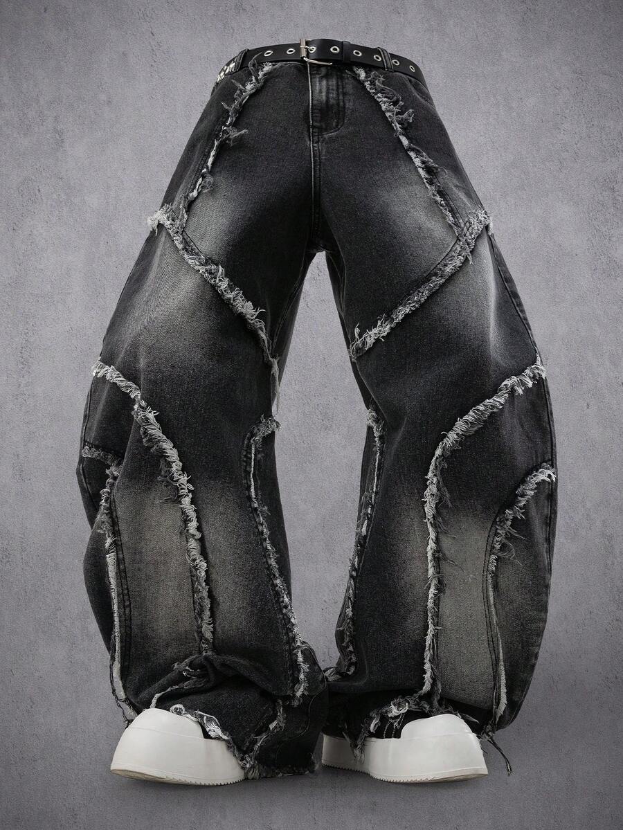 Manfinity Denimwave Retro American Distressed Patchwork Flared Jeans, Unisex Emo Jeans Gothic Jeans Punk Pants - Grey - View 1