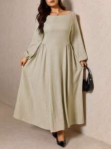 Elaquor Plus Size Women's Round Neck Waist Cinched Dress, Apricot Color - Apricot - View 1