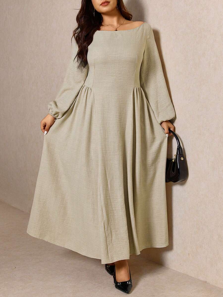 Elaquor Plus Size Women's Round Neck Waist Cinched Dress, Apricot Color - Apricot - View 1