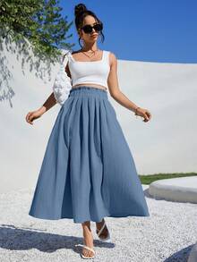 Siren Gaze 夏季女士服装休闲 A 字形亚麻中长裙，适合夏季海滩高腰宽松 - 藍色 - 查看 3