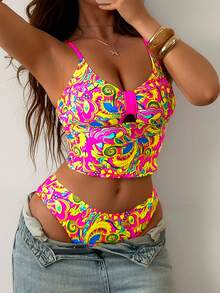 Swim SXY 2-częściowy damski komplet kąpielowy z nadrukiem paisley (neonowym) z wycięciami na ramiączkach, na co dzień, na wakacje, wiosna/lato