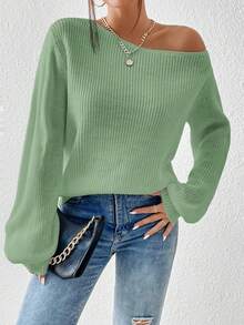 SHEIN Essnce Spring/Autumn Casual Solid Color Asymmetric Neck Lantern Sleeve Sweater,Long Sleeve Tops - Green - View 5