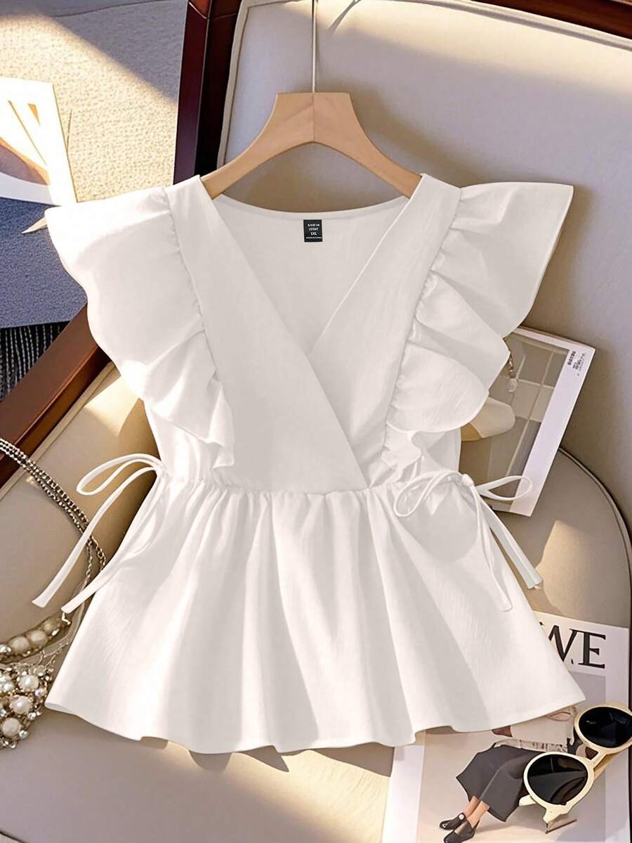GlowEve CURVE Women's Sweet French Style Cap Sleeve V-Neck Cropped Ruffle Hem Sleeveless Tie Front Blouse, Spring/Summer - White - View 1
