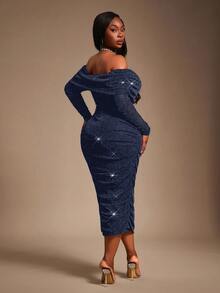 Radiana Gaun Bodycon Jala Berkerut Elegan, Cantik, Glamor, Seksi, dan Berbahu untuk Wanita Ukuran Plus, Cocok untuk Pesta Prom, Pesta Dansa, Liburan Kapal Pesiar, dan Hari Valentine - Navy Blue - View 2