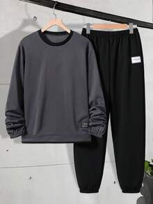2件套青少年圆领卫衣套装，休闲运动时尚装，春秋季 - 深灰色 - 查看 1