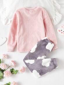 SHEIN Genkimix Kids Áo hồng cho bé gái, Áo dài tay thêu hình đám mây bán chạy nhất kết hợp với quần dài vải nhung in hình đám mây màu xám Bộ đồ ngủ - Hồng - Xem 2