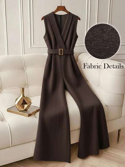 GlowEve 女士休闲无袖V领人字纹面料连体裤，适合居家穿着，秋冬季