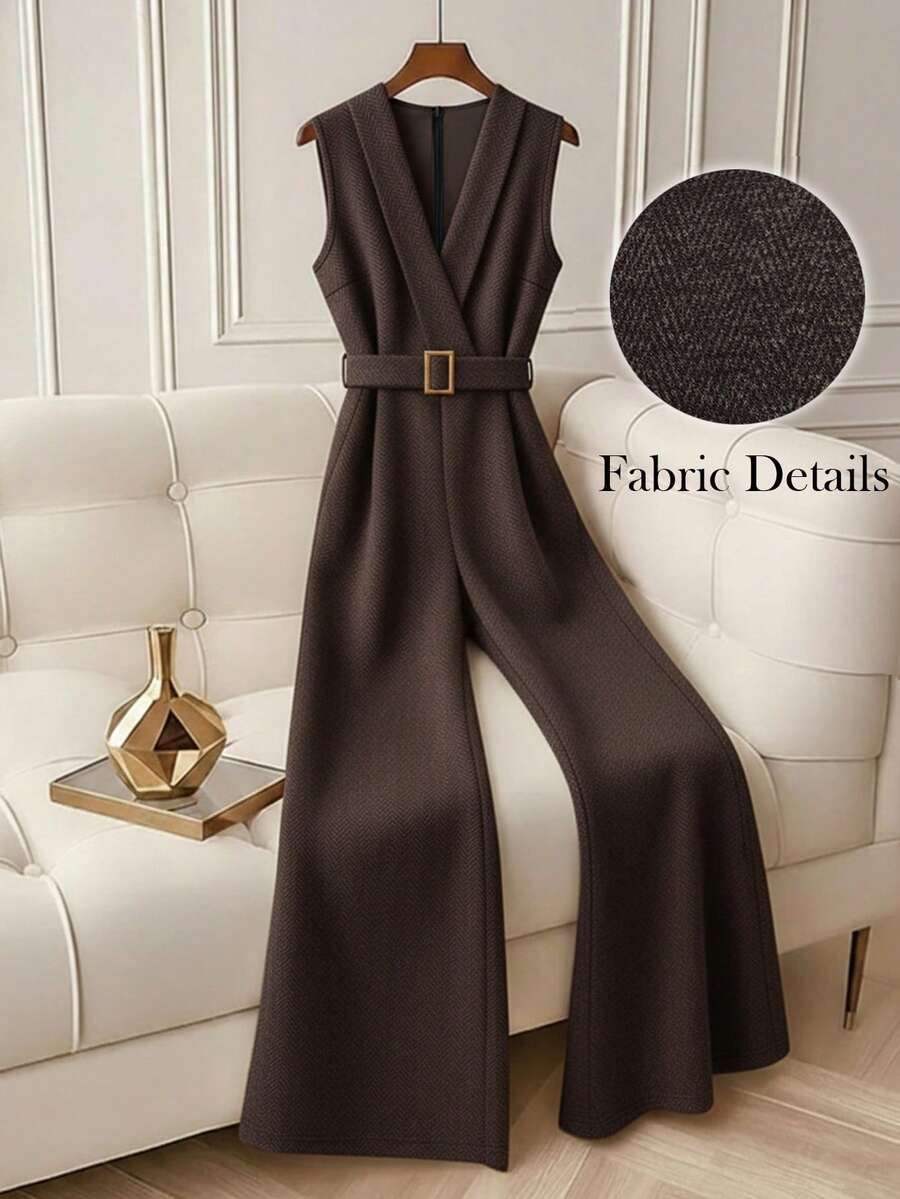 GlowEve 女士休闲无袖V领人字纹面料连体裤，适合居家穿着，秋冬季 - 棕色 - 查看 1